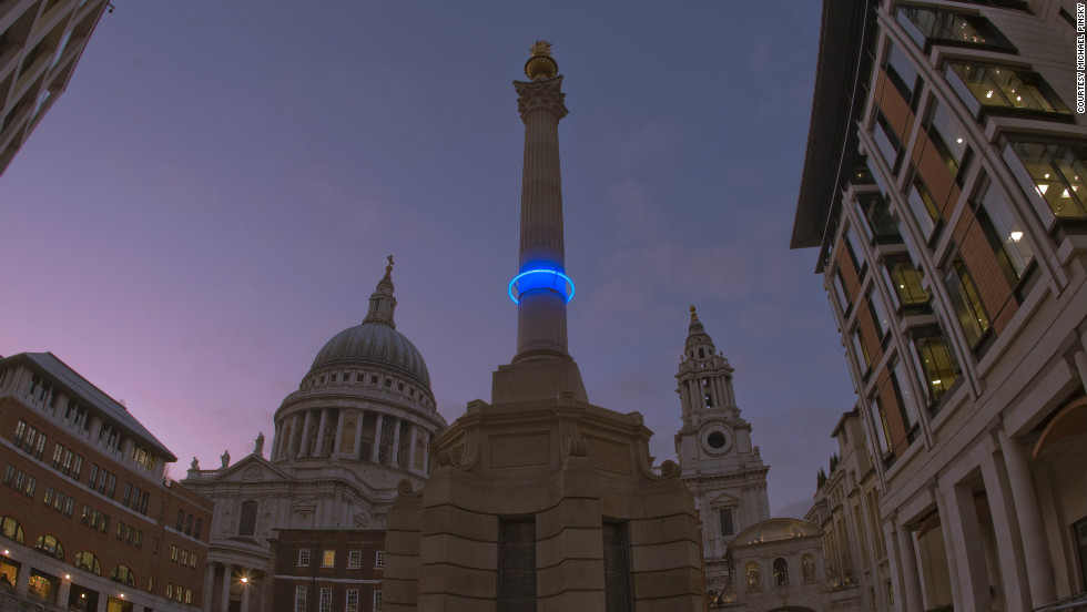 Pinsky&#39;s artwork imagines a future when the effects of runaway climate change have transformed London. A string of low-energy blue LED lights wrapped around monuments marks a time, 1,000 years in the future, when sea level rises have changed the city beyond recognition.