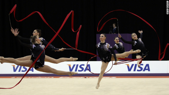 Britain&#39;s rhythmic gymnastics team competes in the Olympic test event in London.