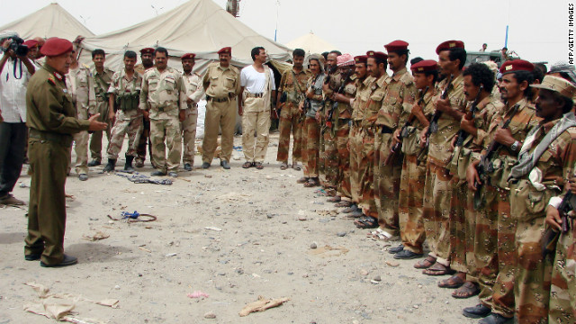 Yemeni General Ali Salah, deputy chief of staff for military operations, visits soldiers in Yemen&#39;s restive Abayan province on March 6.