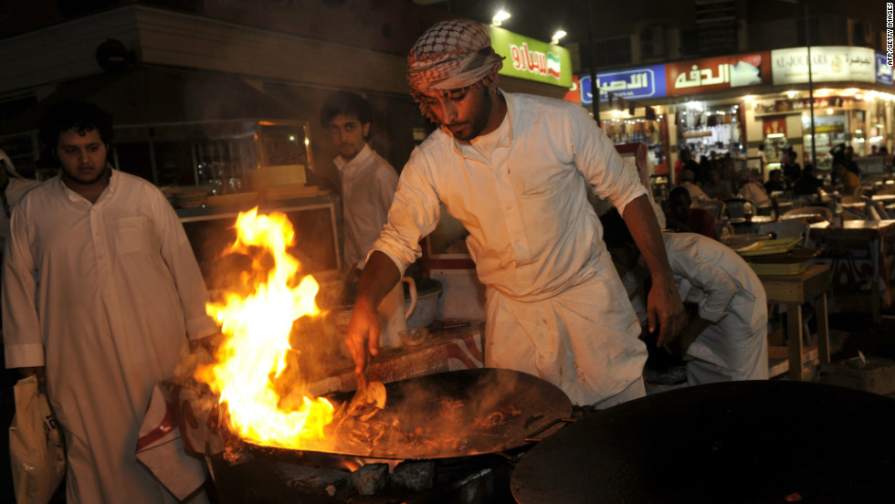 A traditional Saudi dish of shredded meat being prepared in an outdoor restaurant in Jeddah, Saudi Arabia. Smarter restaurants are slowly developing in the city.
