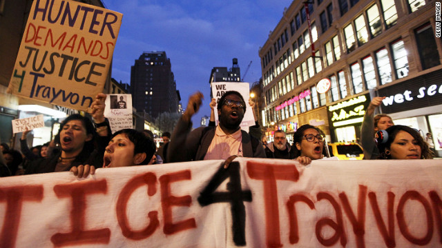 Protesters demonstrate against the killing of black unarmed teenager Trayvon Martin in a &quot;Million Hoodie March&quot; held in New York on March 21, 2012.