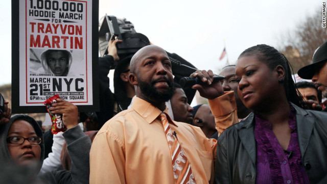 Tracy Martin and Sybrina Fulton, parents of slain teenager Trayvon Martin, address supporters at a demonstration on March 21, 2012, in New York. The two started a petition that year calling for the arrest of George Zimmerman. 