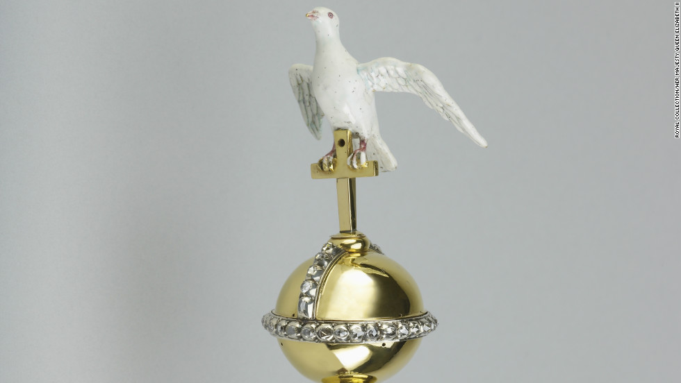 The Sovereign&#39;s Sceptre with Dove dates back to 1661; the bird symbolizes the Holy Spirit.