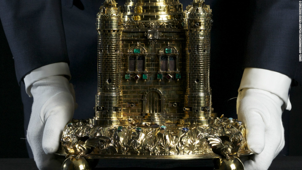 The Crown Jewels collection also contains items created for banquets. This enormous gold salt cellar, in the shape of a castle, was presented to King Charles II after the Civil War by the citizens of Exeter.