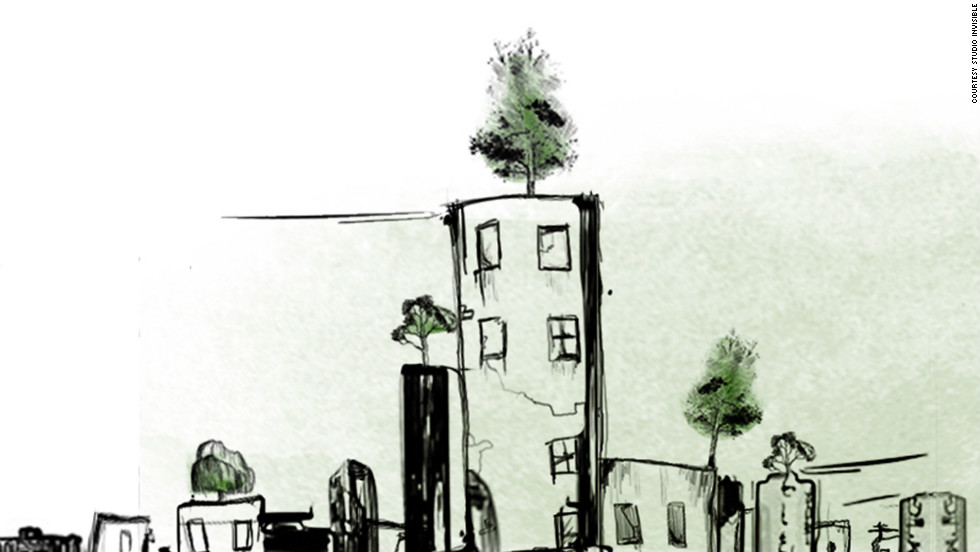 This artist&#39;s impression of the &quot;Wonder Forest&quot; shows individual trees planted in pots, sitting on the rooftops in Beirut. Melki says that even with just one tree per rooftop, there would be as many trees as in New York&#39;s Central Park. 