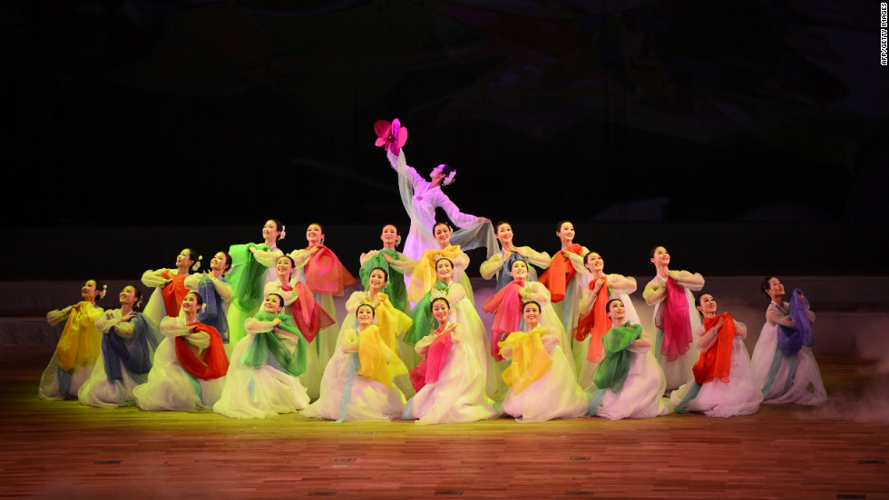 A dance troupe performs during the opening ceremony of the Spring Arts Festival in Pyongyang.