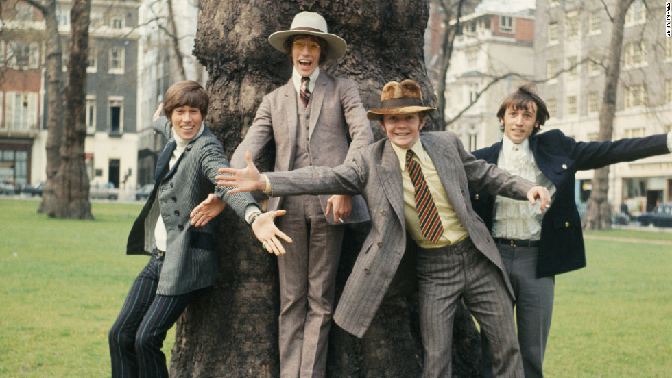 The Bee Gees pose in London in 1967. From left to right, Barry Gibb, Robin Gibb, drummer Colin Peterson and Maurice Gibb.