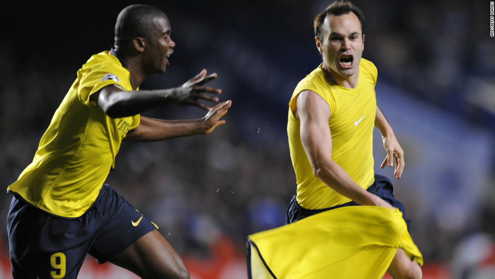 Eto&#39;o (left) and then Barcelona teammate Andres Iniesta celebrate after sealing qualification for the 2009 Champions League final with a late second-leg equalizer at Chelsea. It would be the second of his three European titles.