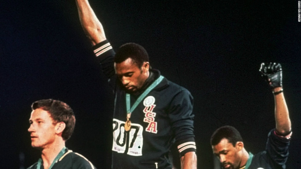 Tommie Smith (center) and John Carlos (right) of the US launched one of the most famous sporting protests in history on the podium at the 1968 Mexico Olympics with their Black Power salute. Australian sliver medalist Peter Norman (left) also stood in protest, wearing a human rights badge on his track suit. The act harmed his career in Australia. 