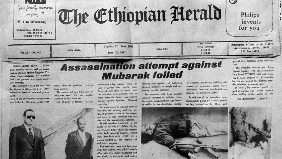 The front page of the Ethiopian Herald reports a foiled assassination attempt on Mubarak on June 27, 1995. He survived an attempt by an al Qaeda-affiliated group in Addis Ababa, Ethiopia.