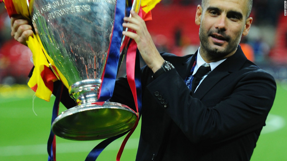 Guardiola lifts the 2011Champions League trophy after Barca beat Manchester United at Wembley. The 41-year-old has earned a reputation as a coach who prepares meticulously for matches. 