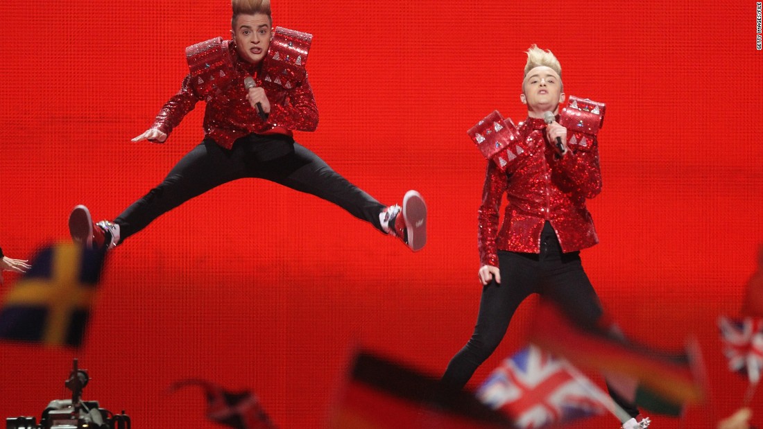 The identical twin brothers in Irish duo Jedward are known for their towering blond coifs and outrageous costumes. They represented Ireland at Eurovision in 2011 and 2012.