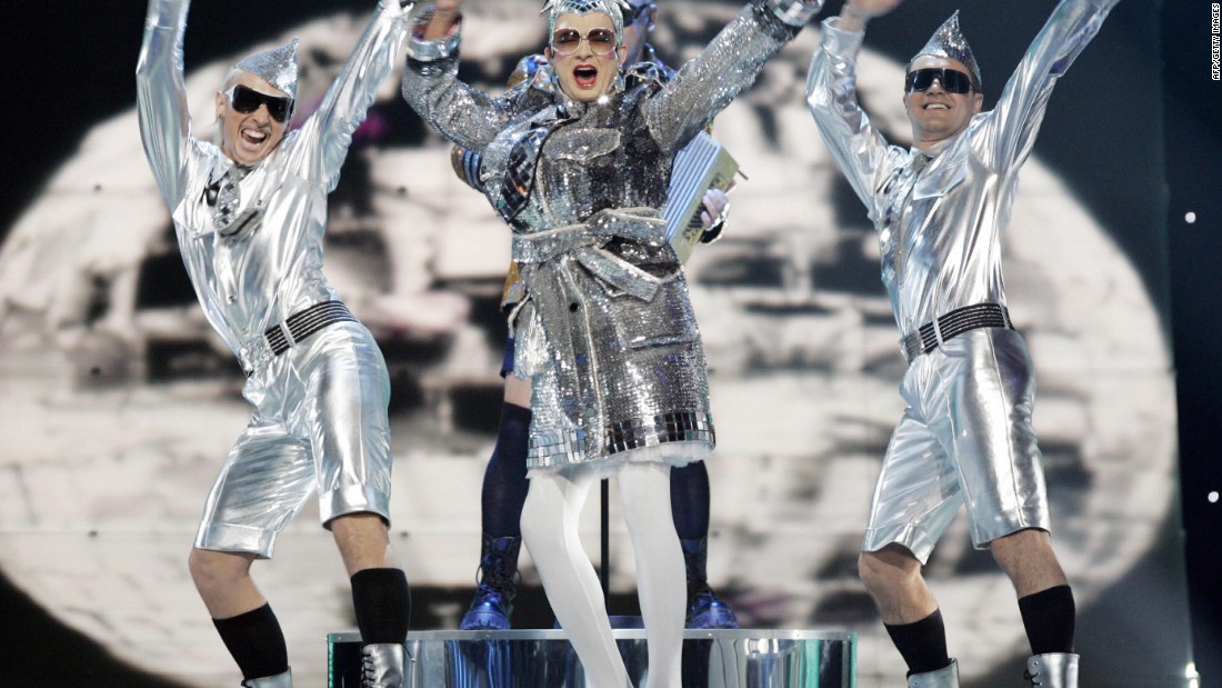 Ukranian Verka Serduchka sings &#39;Dancing Lasha Tumbai&#39; at Eurovision in 2007.