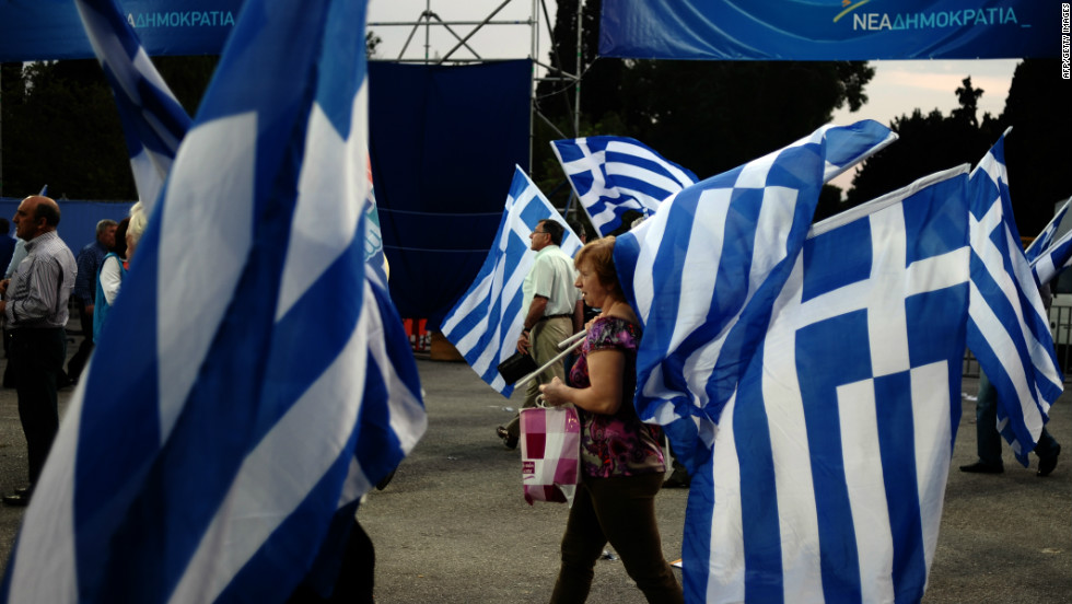 Supporters of Greek conservative party New Democracy gather to listen a speech by the party&#39;s leader Antonis Samaras in Athens on May 3, 2012, before the country&#39;s first election was held on May 6.
