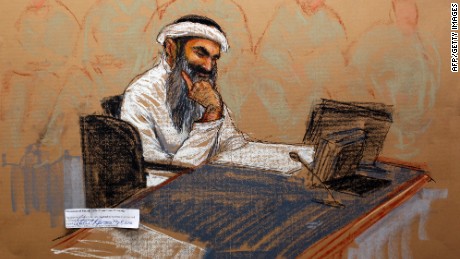 In this courtroom drawing, Khalid Sheikh Mohammed sits in court at the US Naval Base in Guantanamo Bay, Cuba.