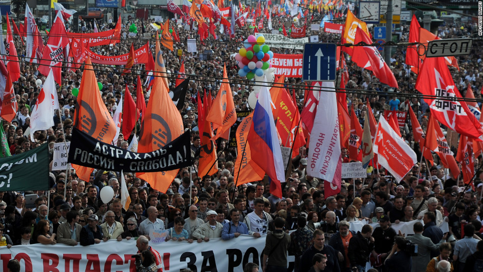 Thousands of Russians march in the country&#39;s capital during the latest anti-government demonstration. Putin was recently elected to a six-year term as president.