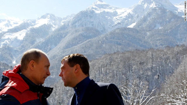 Vladimir Putin and Dmitry Medvedev visit a ski resort close to Sochi where the 2014 Winter Olympics will be held. 