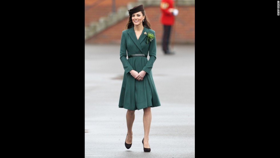 Kate donned a belted emerald coat by Emilia Wickstead on St. Patrick&#39;s Day in Aldershot, England. She accessorized her ensemble with a gold shamrock brooch -- a royal heirloom, according to&lt;a href=&quot;http://www.telegraph.co.uk/news/uknews/theroyalfamily/9150267/Duchess-of-Cambridge-presents-St-Patricks-Day-shamrock-to-Irish-Guards.html&quot; target=&quot;_blank&quot;&gt; The Telegraph.&lt;/a&gt;