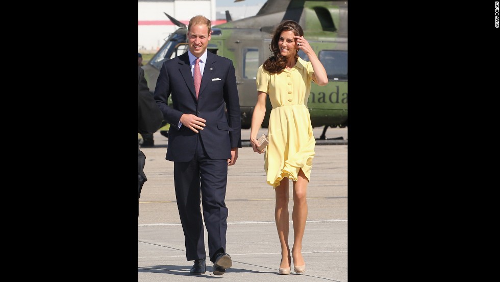 Kate almost had a wardrobe malfunction when the pair arrived in Calgary that day. The skirt of her canary yellow Jenny Packham dress kept blowing up in the wind.