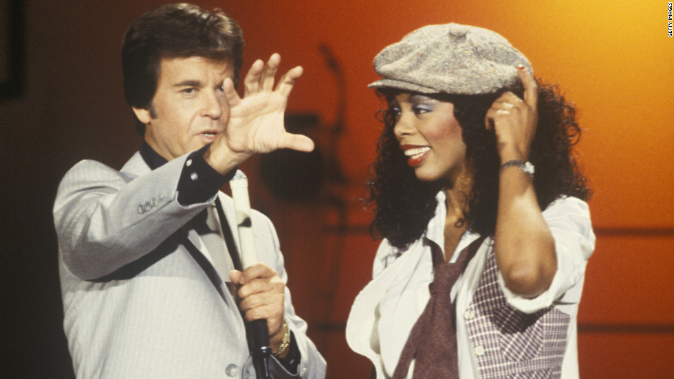 Summer appears with Dick Clark on &quot;American Bandstand&quot; in 1978.
