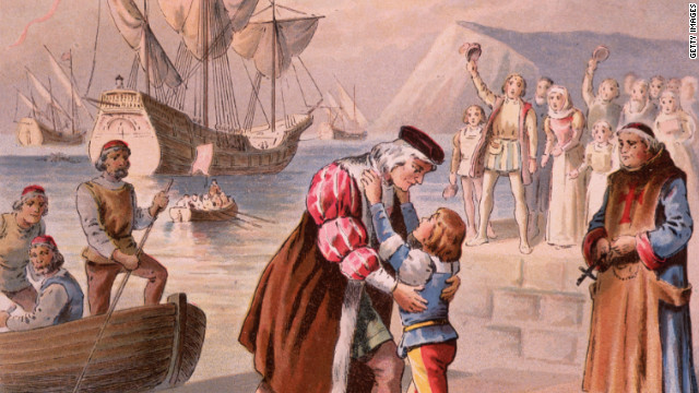 Columbus bids farewell to his son Diego at Palos, Spain, before embarking on his first voyage to find a passage to India by sailing west on August 3, 1492.