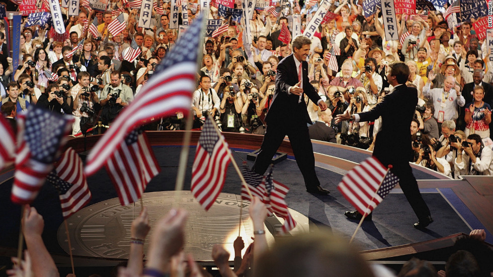 Sen. John Kerry, the 2004 Democratic presidential candidate, greets his running mate, Edwards, at the Democratic National Convention in Boston. 