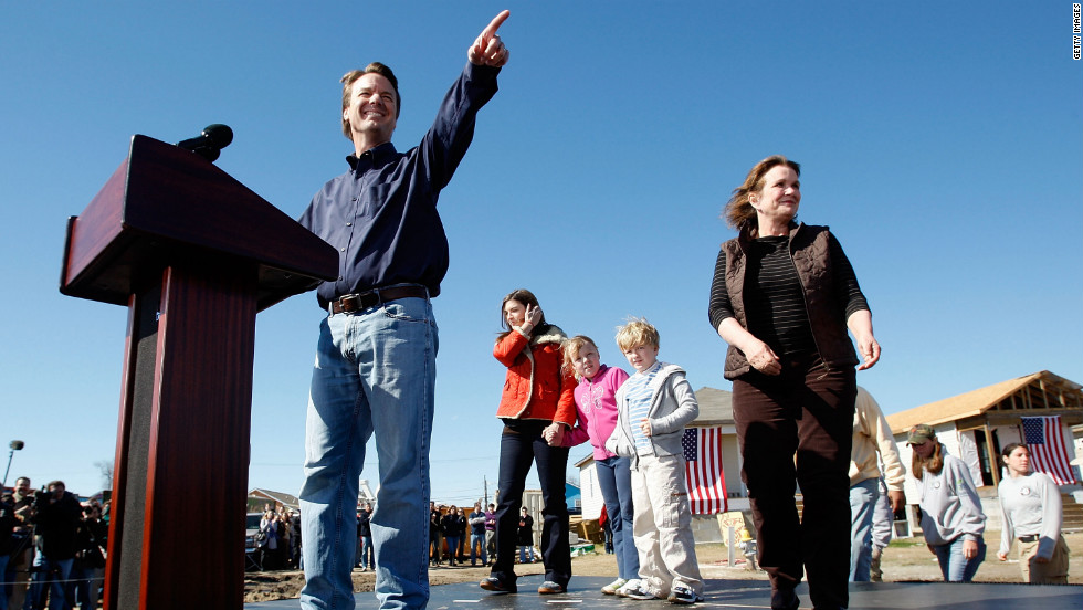 Edwards, who bowed out of the presidential race, speaks to the media with his family -- Cate, left, Emma Claire, Jack and his wife, Elizabeth -- in New Orleans in late January 2008.