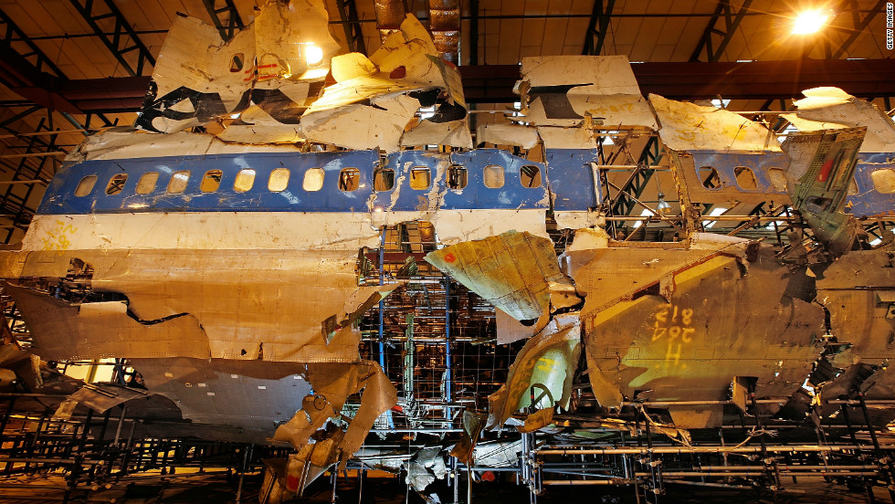 The reconstructed remains of Pan Am Flight 103, used by investigators, lie in a warehouse in England.
