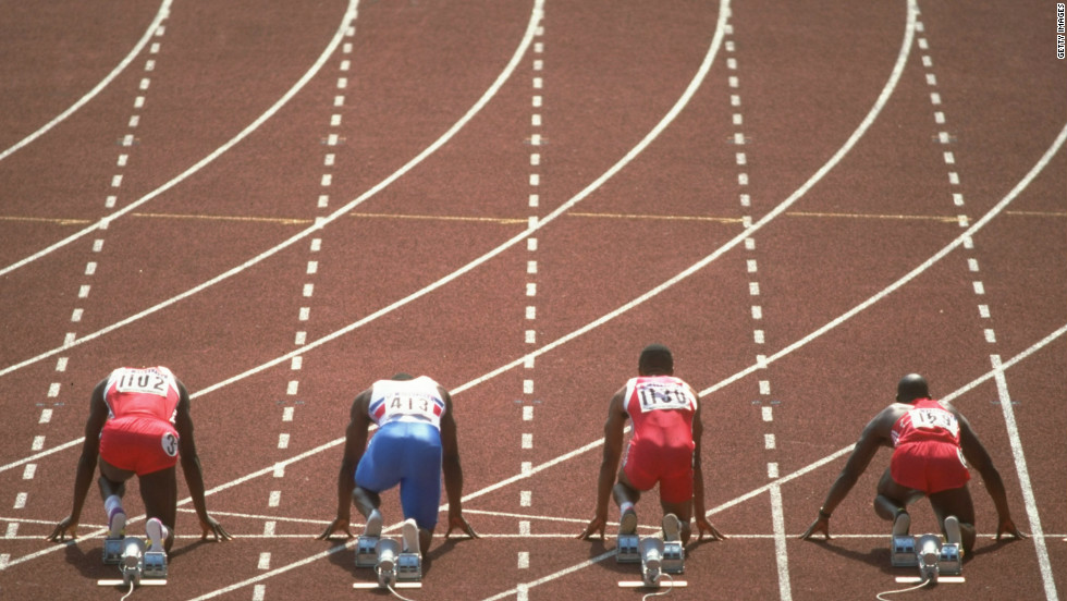 The 1988 100 meters final was arguably the most anticipated in the sport&#39;s history. Johnson (far right) and Lewis (far left) were the favorites, along with Calvin Smith (second from right) from the U.S. and a young Linford Christie (second from left) from Great Britain.    