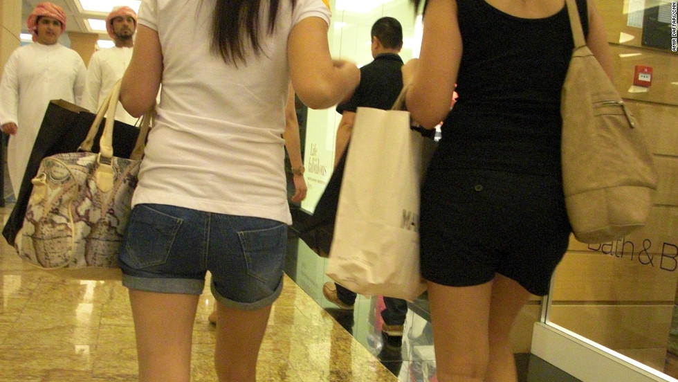 Campaigners in the UAE are demanding that people refrain from wearing what they say is inappropriate clothing -- such as these shorts worn in the Mall of the Emirates in Dubai.