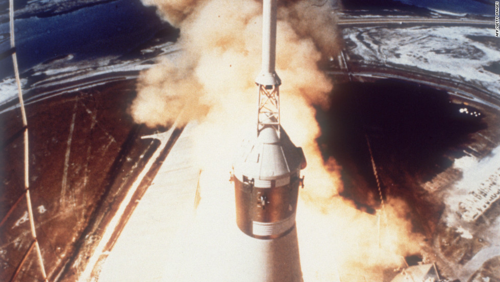 The Saturn V rocket carrying the crew of Apollo 11 takes off from Pad A, Launch Complex 39 at the Kennedy Space Center.