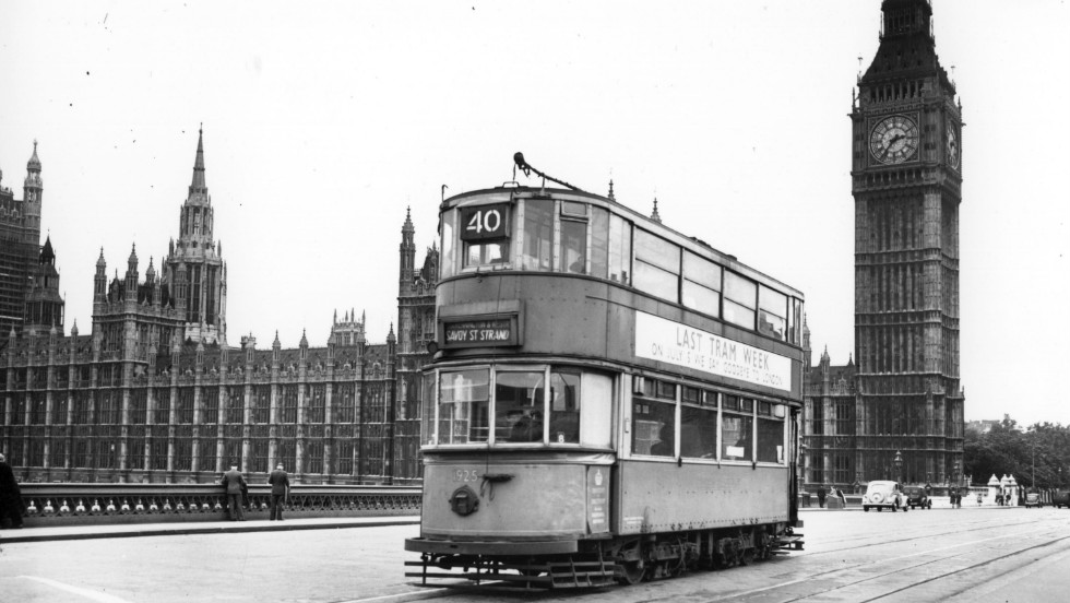 One of the last trams to run in central London pictured crossing Westminster Bridge in 1952.