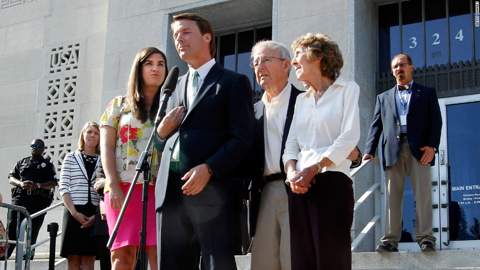 Edwards addresses the media after his acquittal and mistrial, with his daughter Cate and his parents Wallace and Bobbie Edwards at his side, outside the Greensboro courthouse on Thursday, May 31, 2012. After nine days of deliberation, a jury acquitted Edwards on one count but deadlocked on five other counts in his corruption trial. It&#39;s unclear what the Justice Department will do next, but Edwards says his years of service aren&#39;t over.