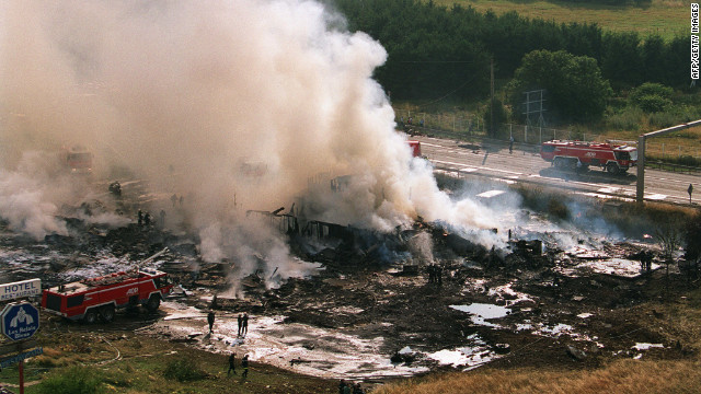 An Air France Concorde, en route to New York, crashes into a Paris hotel shortly after takeoff on July 25, 2000. 