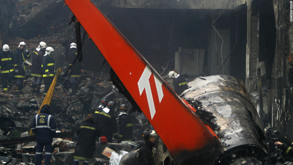 A TAM Airlines jet skidded off the runway into a gas station and burst into flames on July 17, 2007, after landing at the airport in Sao Paulo, Brazil. All 199 people on board were killed.