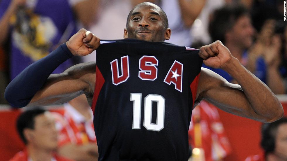 Kobe Bryant celebrates after leading the US basketball team to win the gold medal at the 2008 Beijing Olympics.