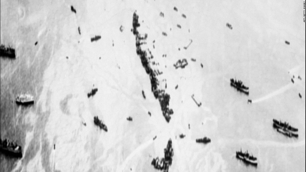 An aerial view shows 32 intentionally sunk American merchant ships that served as a breakwater as well as anti-aircraft platforms.