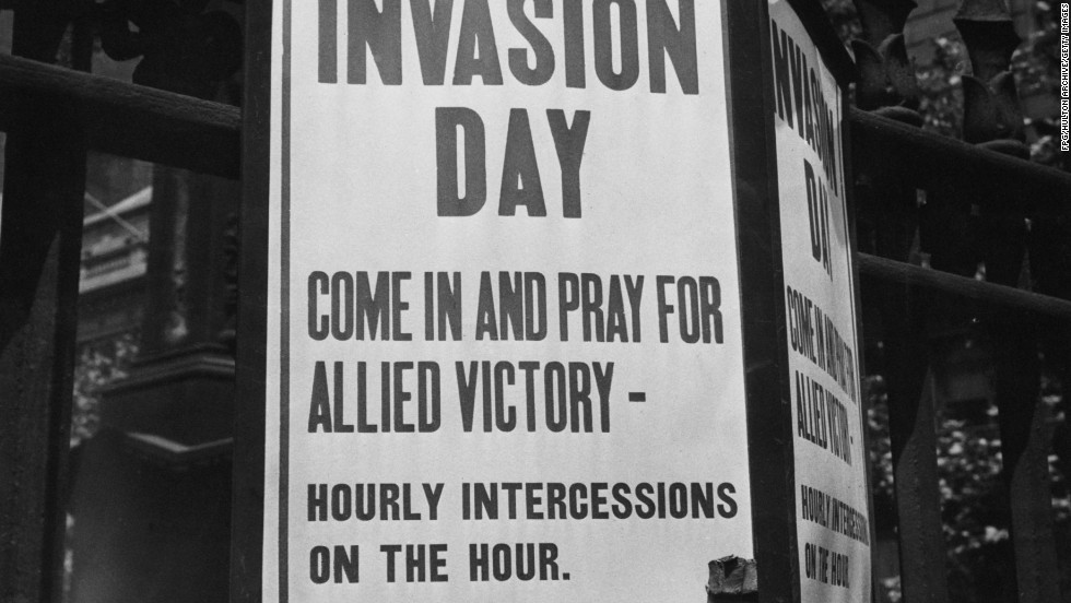 A sign outside of Trinity Church in New York invites worshippers to pray for Allied victory in the D-Day invasion.