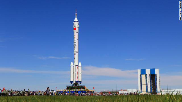 The Shenzhou-9 spacecraft and its carrier rocket are seen Saturday at the launch platform in northwest China&#39;s Gansu province.