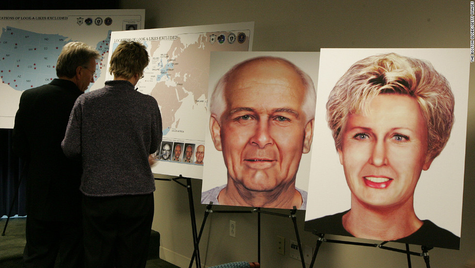 For years, the FBI&#39;s most-wanted fugitive -- James &quot;Whitey&quot; Bulger -- and his girlfriend Catherine Greig lived as &quot;Charlie and Carol Gasko&quot; in a palm-tree-lined oceanside apartment near Los Angeles before their capture in 2011.  Here, illustrations of Bulger&#39;s and Greig&#39;s possible likenesses are displayed at a news conference in 2004.