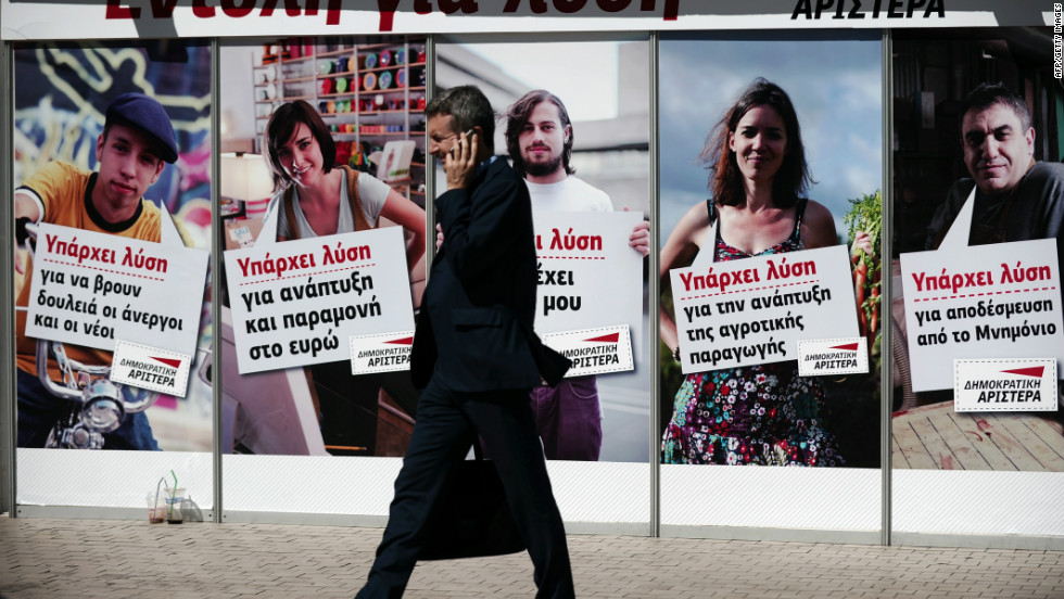 Democratic Left election campaign posters line the streets of Athens on June 7, 2012.
