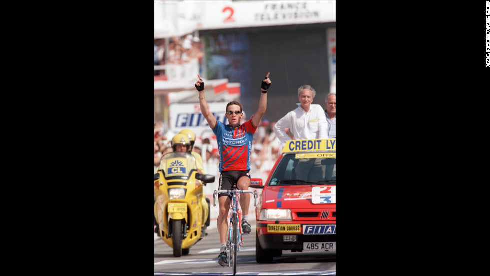 Armstrong wins the 18th stage of the Tour de France in 1995. He finished the race for the first time that year, ending in 36th place.