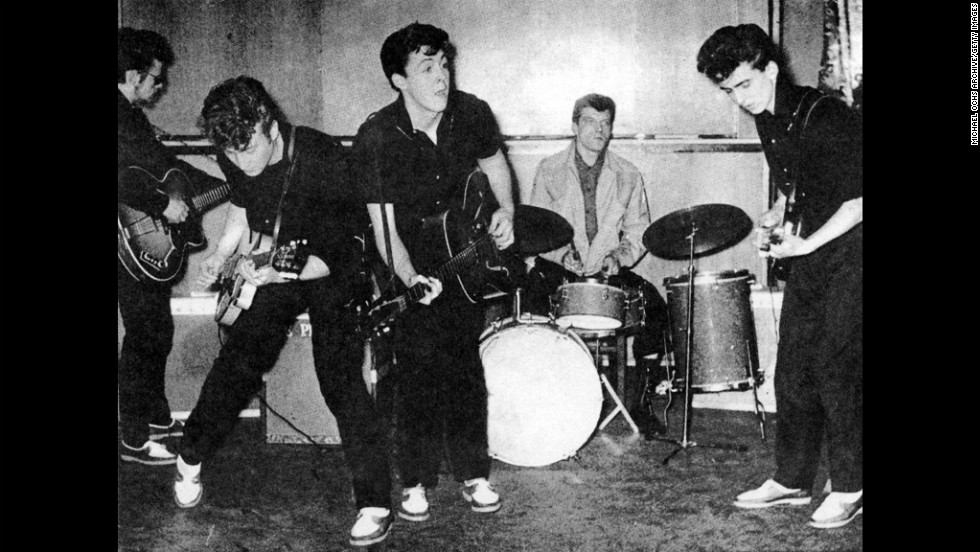 The Silver Beatles, consisting of Stu Sutcliffe (from left), John Lennon, Paul McCartney, Johnny Hutch and George Harrison, perform on stage in Liverpool, England, in 1960.