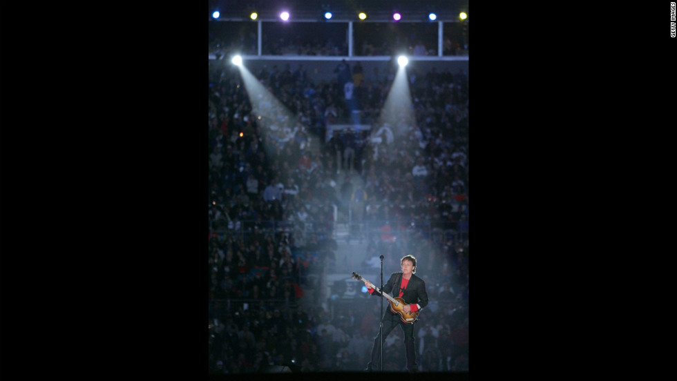 In 2005, McCartney performs during the Super Bowl XXXIX halftime show in Jacksonville, Florida.