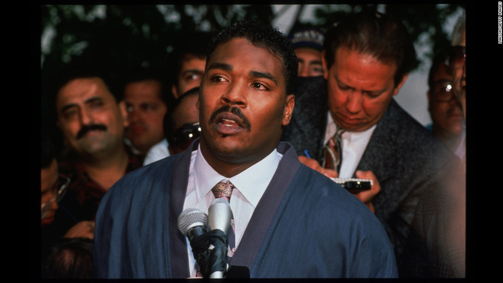 Rodney King pleads for rioters to end the violence during a news conference in front of his lawyer&#39;s office on May 1 saying, &quot;People, I just want to say, can we all get along? Can we get along? Can we stop making it horrible for the older people and the kids?&quot;
