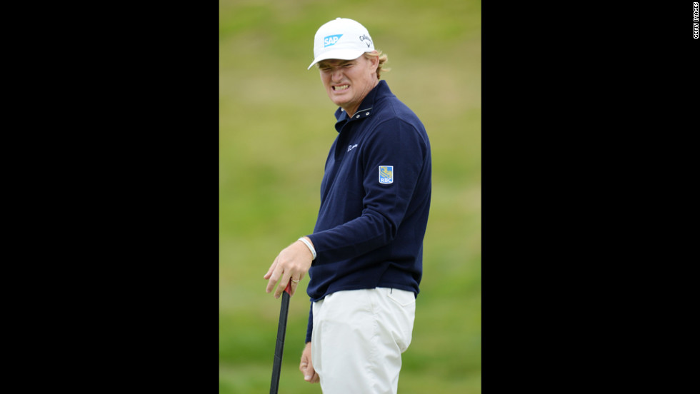 Ernie Els of South Africa reacts to a missed putt.