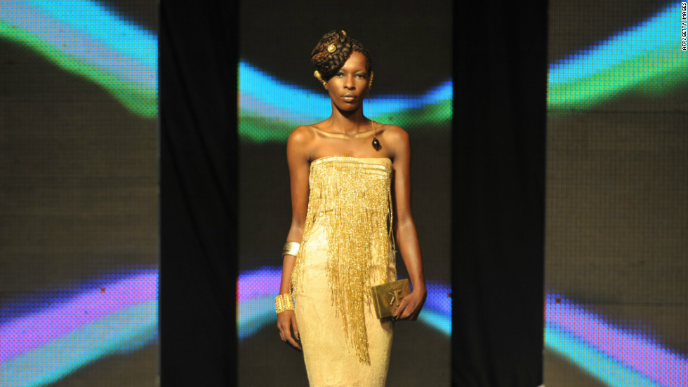 A model takes to the catwalk in an outfit by Lebanese-Ivorian designer Elien Kuame. 