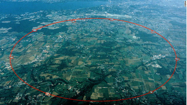 An aerial view of Switzerland near Geneva and Lake Leman with a circle showing the 16-mile circumference of the Large Hadron Collider. 