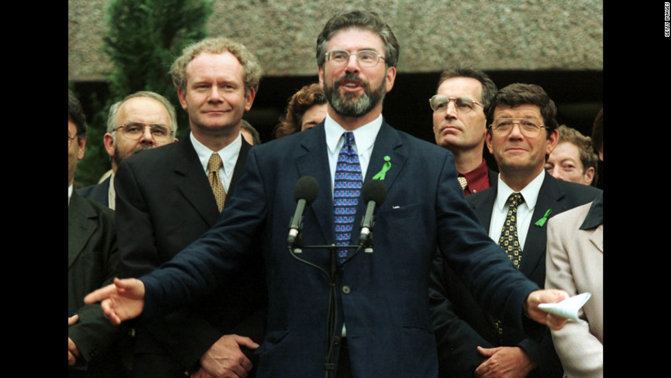 Sinn Fein leader Gerry Adams voices his approval in 1999 of the Good Friday Agreement, a peace treaty and power-sharing agreement between the Irish and British signed a year ealier.