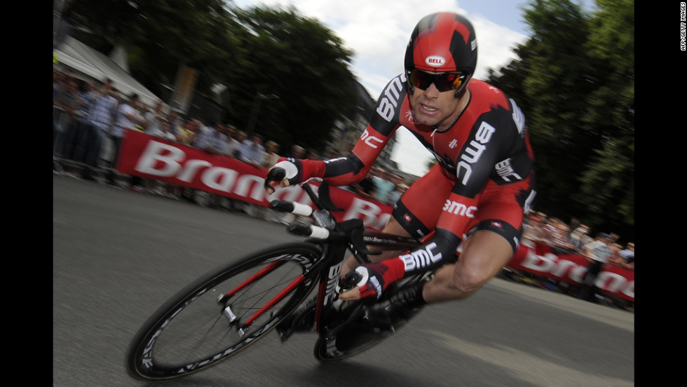 Cadel Evans of Austraila, last year&#39;s Tour winner, rounds a turn during the time trial. He finished witih the 13th best time.